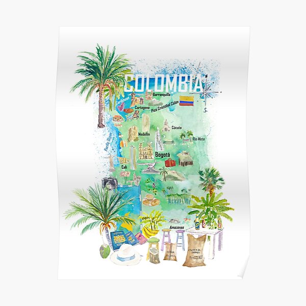 Colombia Illustrated Travel Map With Tourist Attractions And Highlights Poster