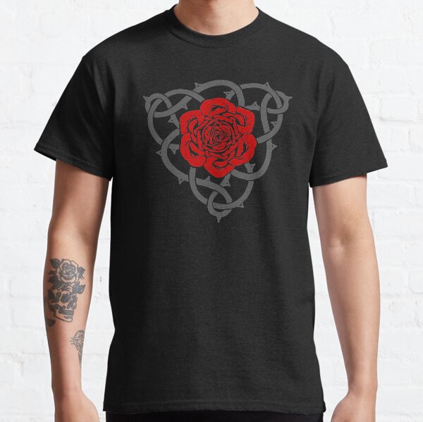 Celtic Irish Knotwork Red Rose with Grey Vines and Thorns Classic T-Shirt