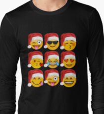 Christmas Emoji Shirt 9 Emoji Faces Wearing Santa Hats Long Sleeve T-Shirt