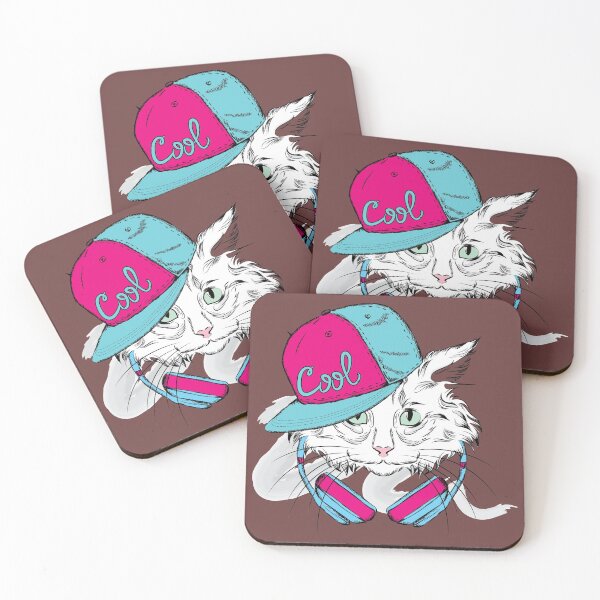 Item preview, Green-eyed white cat in a pink-blue cap and headphones, poster, fashionable sketch material animal, fashion girl, hat, cat. designed and sold by Senior-Kuzmin.