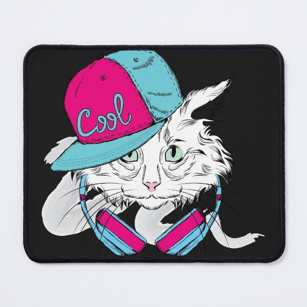 Item preview, Green-eyed white cat in a pink-blue cap and headphones, poster, fashionable sketch material animal, fashion girl, hat, cat. designed and sold by Senior-Kuzmin.