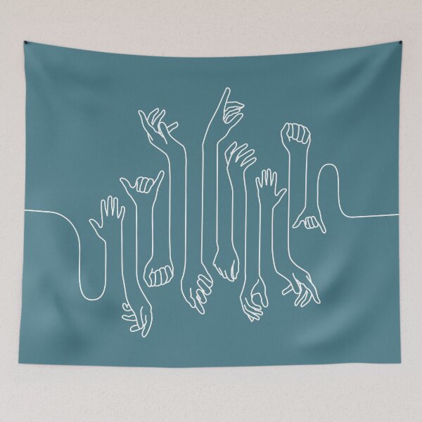 Item preview, Minimal, modern style hands line art with white outline and dark blue background designed and sold by CiniArt.