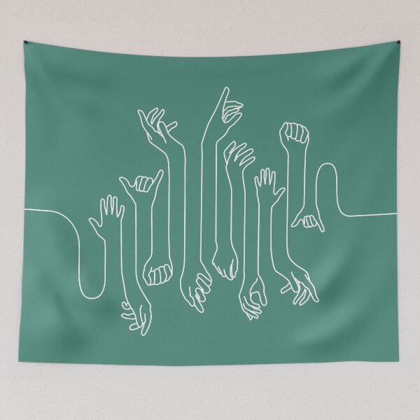 Item preview, Minimal, modern style hands line art with white outline and dark turquoise blue background designed and sold by CiniArt.