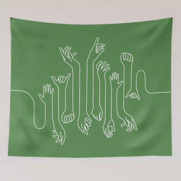 Item preview, Minimal, modern style hands line art with white outline and dark green background designed and sold by CiniArt.