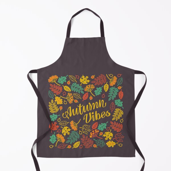 Item preview, Doodle lettering sign Autumn Vibes surrounded with Fall leaves and berries in bright contrast red, yellow and green colors on a dark rich brown background designed and sold by InnaEvans.
