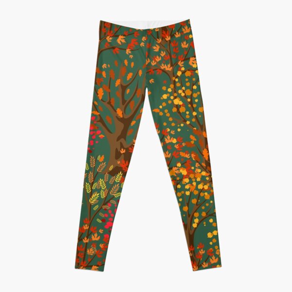 Fall Autumn Pattern- Forest Trees Red Orange Yellow Leaves, Fall Leaves Print Leggings