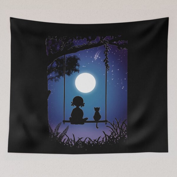 Item preview, Girl and her cat sitting on swing looking at moon designed and sold by RafaelLima7.