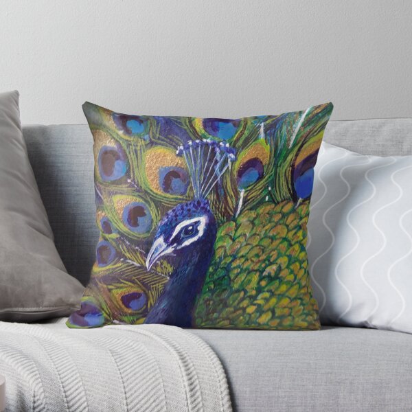 Blue & Gold Peacock Love Throw Pillow