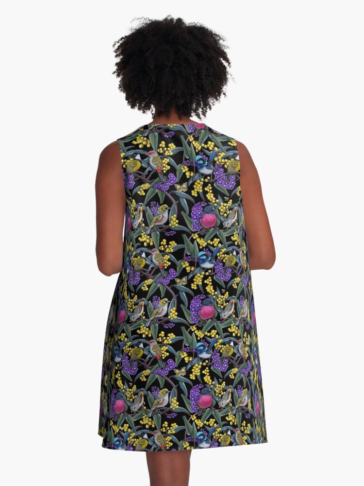 Thumbnail 3 of 4, A-Line Dress, Small Bird Medley Repeated Pattern by Australian artist Laural Retz designed and sold by lauralretz.