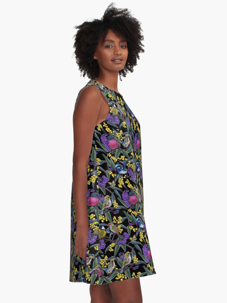 Thumbnail 2 of 4, A-Line Dress, Small Bird Medley Repeated Pattern by Australian artist Laural Retz designed and sold by lauralretz.
