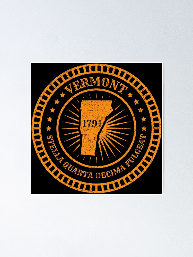 "Vermont VT Map Badge Motto Flag Slogan Stella Quarta Decima Fulgeat