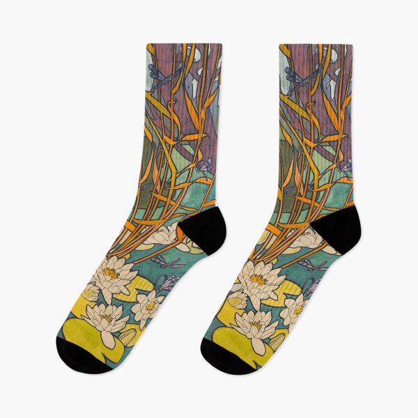 Artikelvorschau, Weiße Seerosen, gelbe Blätter und Schilf auf dem See Art Nouveau Floral entworfen und verkauft von BulganLumini.