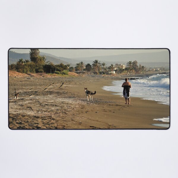 A dog takes his cat for a walk on the beach. Meeowww! Desk Mat