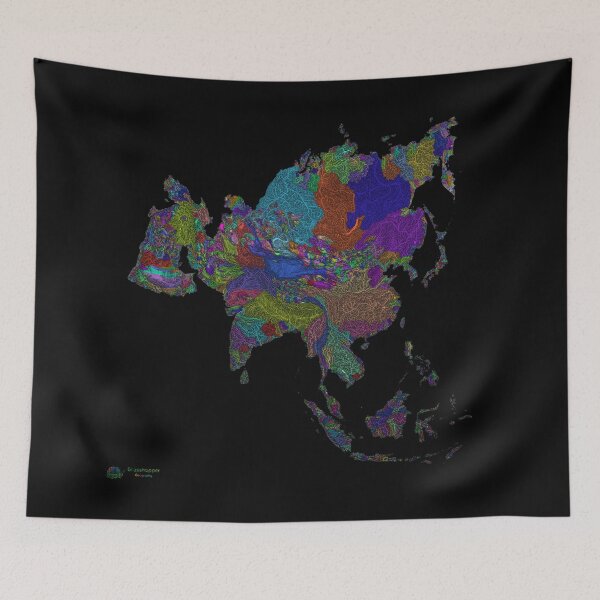 Item preview, Asia River Basin Map in Rainbow Colours with Black Background designed and sold by GrasshopperGeo.