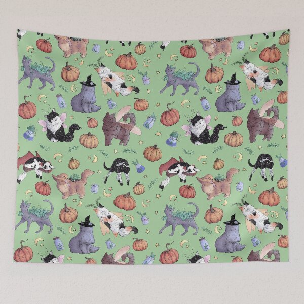 Item preview, Costumed Cats Fall Green Pattern designed and sold by Shymoon-Art.