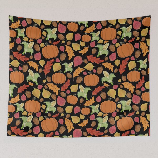 Item preview, Fall, Autumn Leaves, Pumpkins, acorns, corn, Pattern (Black) designed and sold by Gsallicat.