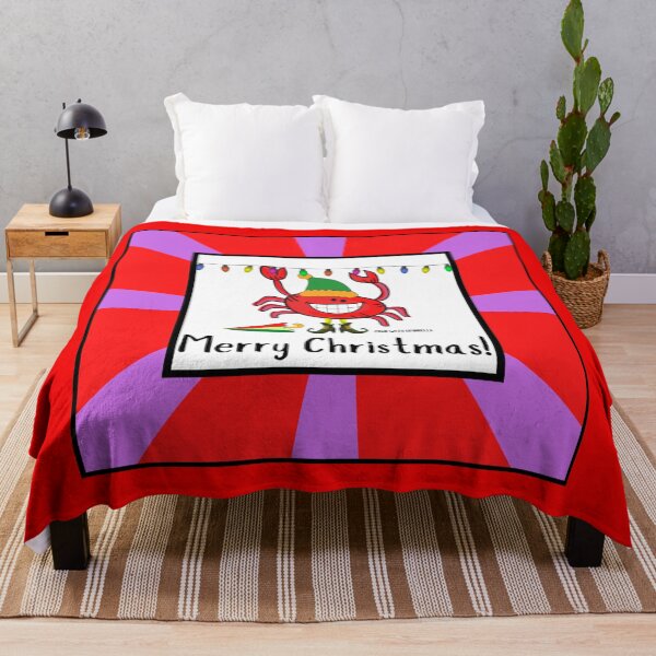 Item preview, CUTE FUNNY CARTOON FUCHSIA RED PINK CRAB WITH UMBRELLA “MERRY CHRISTMAS” (WITH STRIPED BORDER) ORIGINAL DESIGN designed and sold by EllieMonroe.