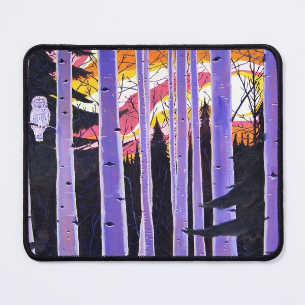 White Owl, Purple Birch Trees, Alaska Aspen Trees Forest, Sunset, Scott Clendaniel Mouse Pad