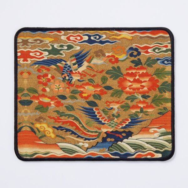 Item preview, PHOENIXES AND PEONIES IN LANDSCAPE OF CLOUDS AND WAVES Red Orange Green Floral designed and sold by BulganLumini.