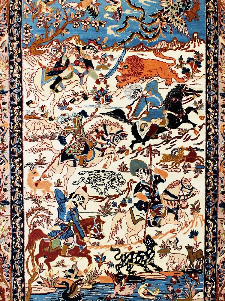 Blue Antique Persian Isfahan Silk Rug with Flowers Animals Print by bragova