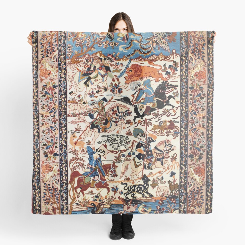Blue Antique Persian Isfahan Silk Rug with Flowers Animals Print Scarf