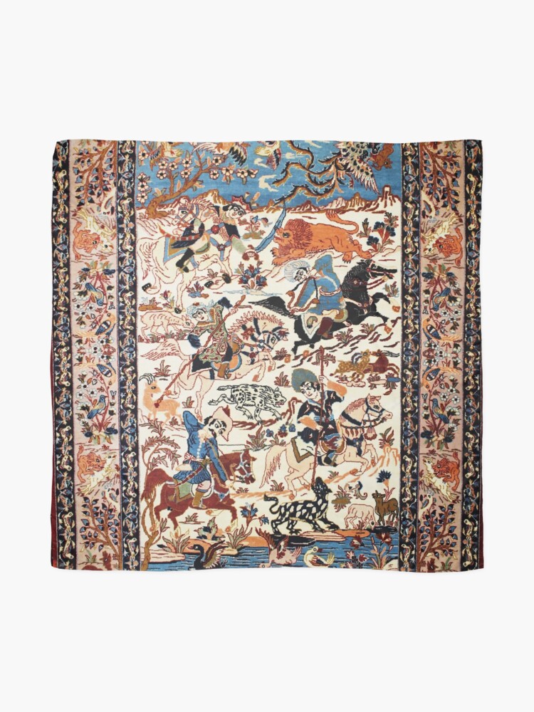 Alternate view of Blue Antique Persian Isfahan Silk Rug with Flowers Animals Print Scarf