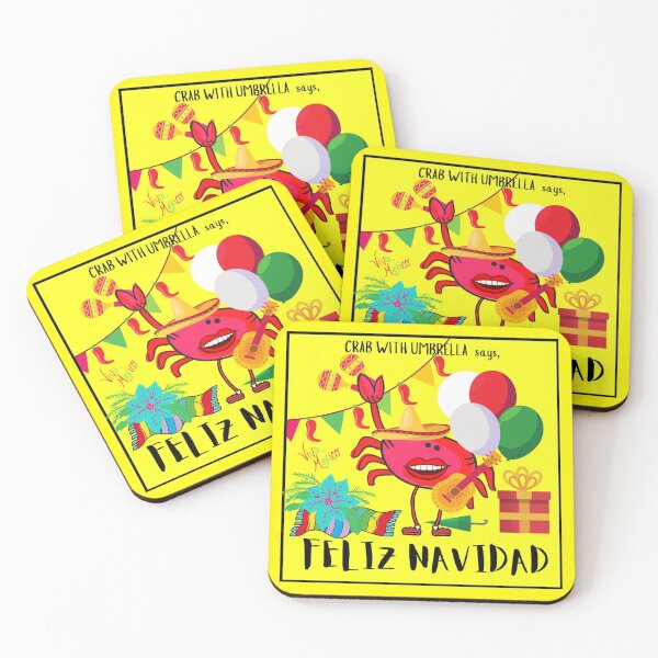 Item preview,  CUTE FUNNY CARTOON FUCHSIA  RED PINK CRAB WITH UMBRELLA “FELIZ NAVIDAD” (Yellow Background) designed and sold by EllieMonroe.