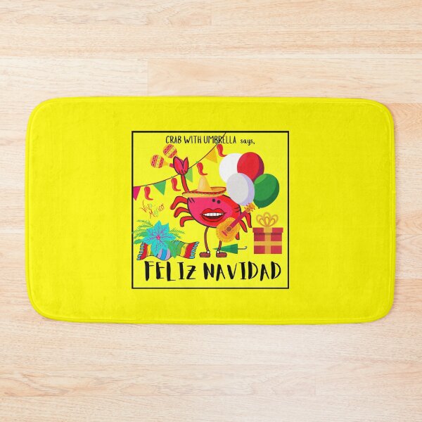 Item preview,  CUTE FUNNY CARTOON FUCHSIA  RED PINK CRAB WITH UMBRELLA “FELIZ NAVIDAD” (Yellow Background) designed and sold by EllieMonroe.