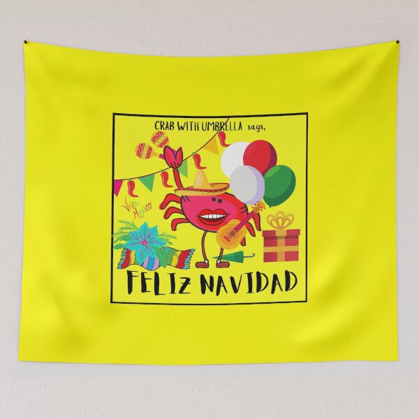 Item preview,  CUTE FUNNY CARTOON FUCHSIA  RED PINK CRAB WITH UMBRELLA “FELIZ NAVIDAD” (Yellow Background) designed and sold by EllieMonroe.