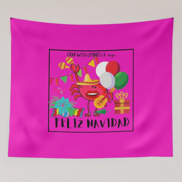 Item preview,  CUTE FUNNY CARTOON FUCHSIA  RED PINK CRAB WITH UMBRELLA “FELIZ NAVIDAD” (FUCHSIA Background) designed and sold by EllieMonroe.