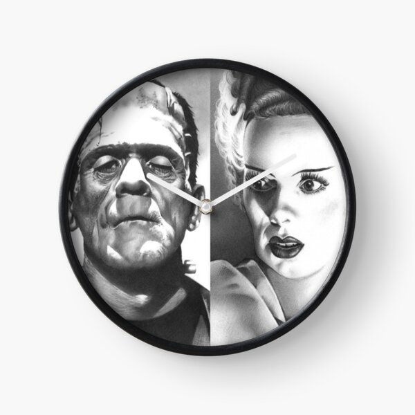 "We Belong Dead", Frankenstein's Monster and The Bride fan art inspired by Boris Karloff & Elsa Lanchester, based on my original hand-drawn graphite illustrations Clock
