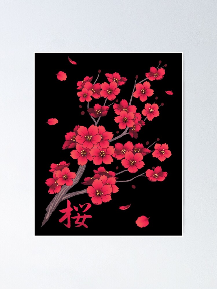 Póster «Caída de ramas de flor de cerezo de Sakura rojo sobre negro» de  arterialmotive | Redbubble