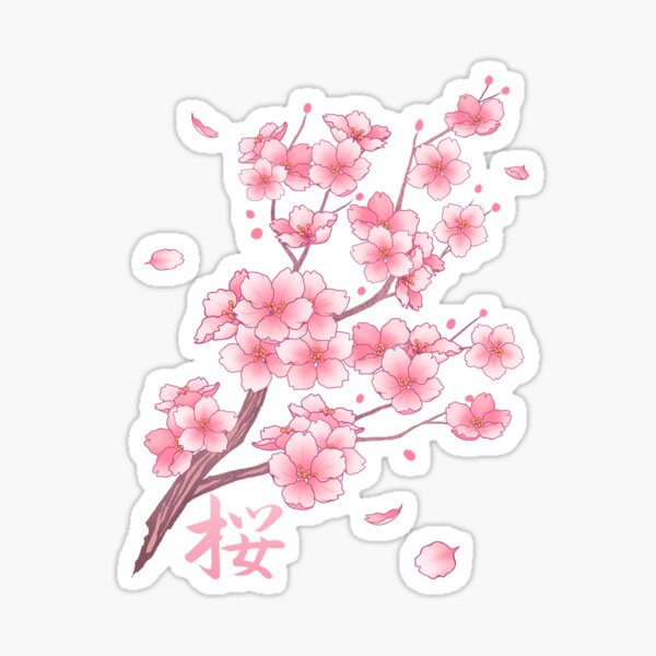Caída de ramas de flor de cerezo rosa Sakura en blanco Pegatina