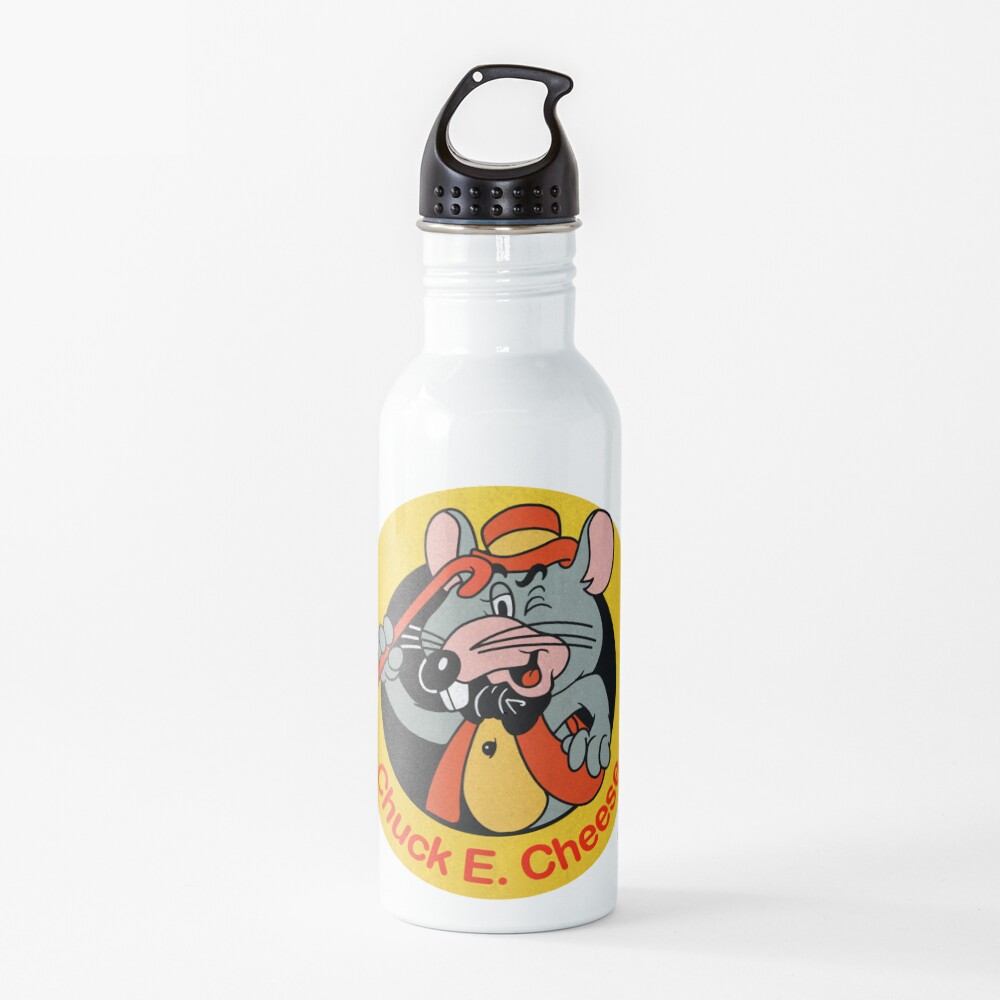 Chuck E. Cheese's Pin Button Art from the 80's with Old Incarnation of Chuck E. Water Bottle
