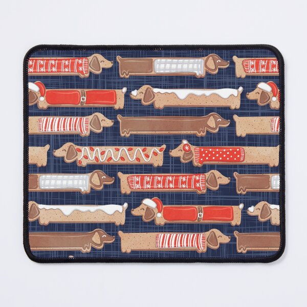 Item preview, Sweet pawlidays! // navy blue linen texture background gingerbread cookie dachshund dog puppies wearing neon red Christmas and winter clothes designed and sold by SelmaCardoso.