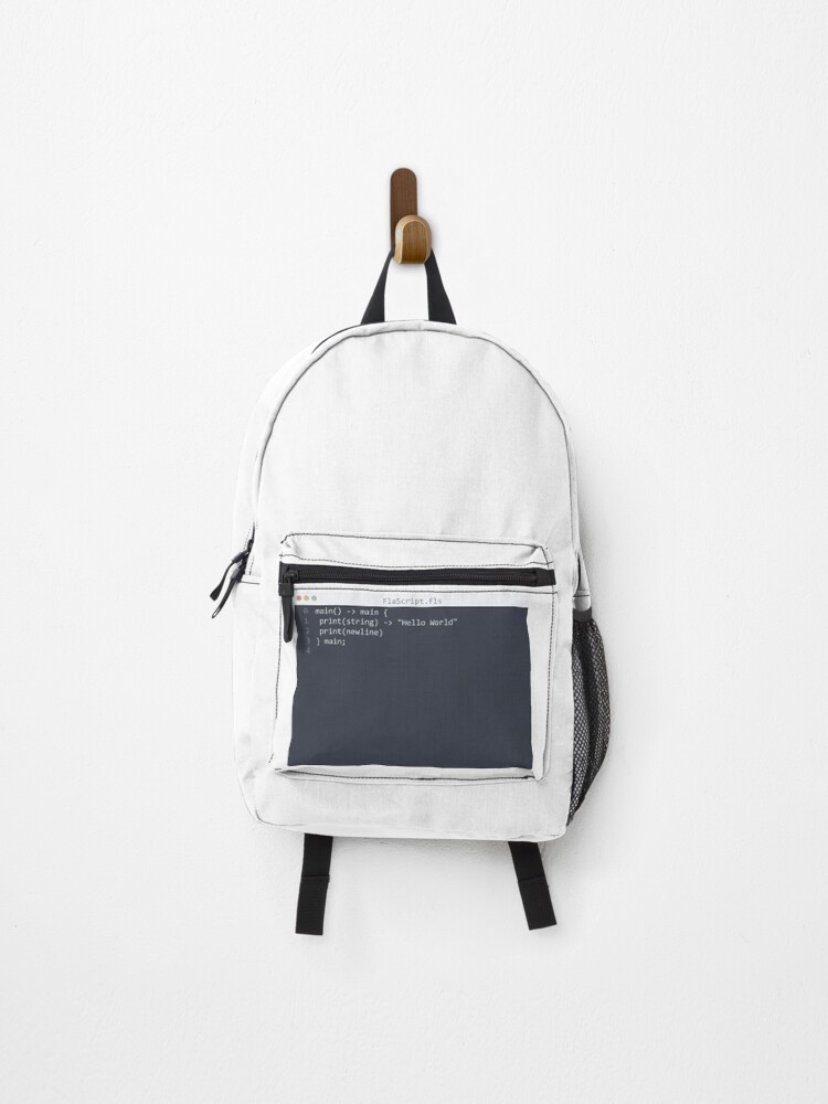 Thumbnail 1 of 3, Backpack, . FlaScript language Hello World program sample in editor window designed and sold by IuriiVlasenko.
