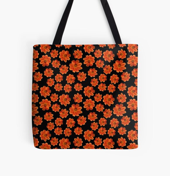 Orange Zinnia FlOwEr on black background All Over Print Tote Bag