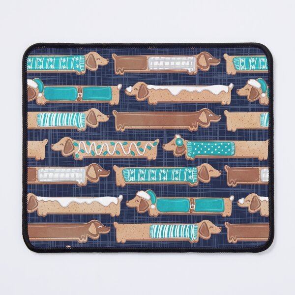 Item preview, Sweet pawlidays! // navy blue linen texture background gingerbread cookie dachshund dog puppies wearing turquoise Christmas and winter clothes designed and sold by SelmaCardoso.