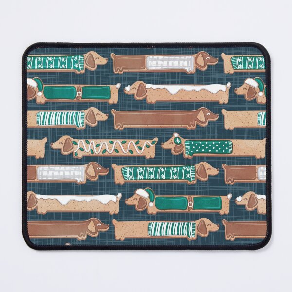 Item preview, Sweet pawlidays! // nile blue linen texture background gingerbread cookie dachshund dog puppies wearing pine green Christmas and winter clothes designed and sold by SelmaCardoso.