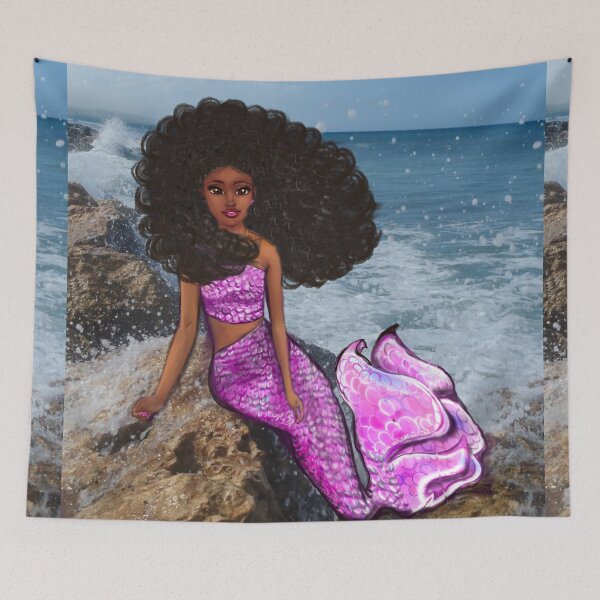 Item preview, Coco the Magical rainbow mermaid with brown eyes, flowing Afro hair and caramel brown skin designed and sold by Artonmytee.