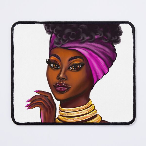 Item preview, Queen Black is beautiful anime manga black girl with Gold bangles, neck ring necklace, purple dress and head wrap, brown eyes and dark brown skin ! designed and sold by Artonmytee.