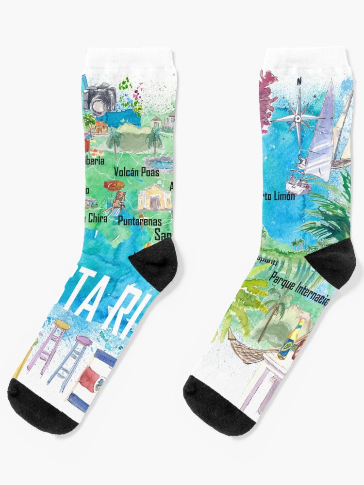 "Costa Rica Illustrated Travel Map with Roads and Highlights" Socks for Sale by