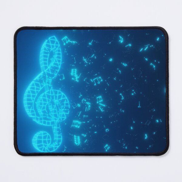 Item preview, Blue digital glowing music treble clef symbol with musical notes on black background - modern or digital streaming music concept designed and sold by UDDesign.