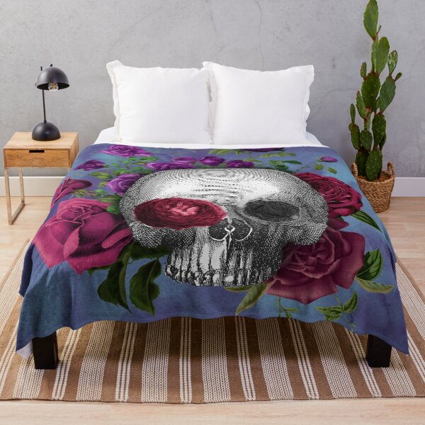 Item preview, Merry Death Gothic Halloween Skull with Roses - Blue Background designed and sold by barronangMedia.