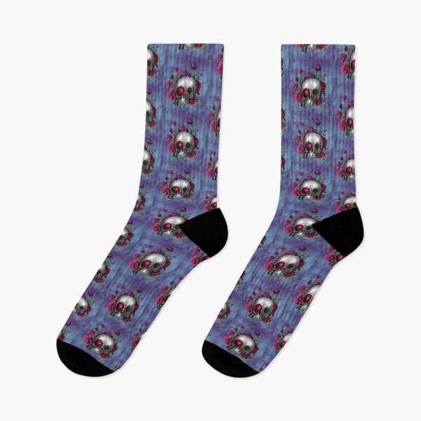 Item preview, Merry Death Gothic Halloween Skull with Roses - Blue Background designed and sold by barronangMedia.