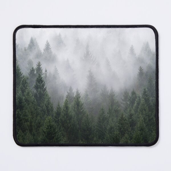 Vista previa del artículo con la obra «Home Is A Feeling //  Misty Retro Fall Wilderness Fairytale Evergreen Forest With Trees Covered In Magic Fog Season», diseñado y vendido por Tordis Kayma.