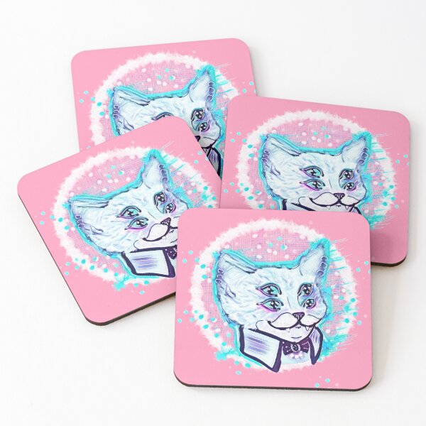 Item preview, Four eyed cat trippy bright white blue pink cute pink background  designed and sold by DemonicGloom.