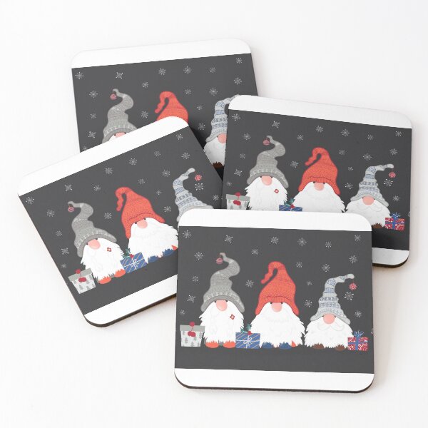 Item preview, Three Christmas Gnomes with Snowflakes and Presents on Dark Grey Background designed and sold by NattyDesigns.