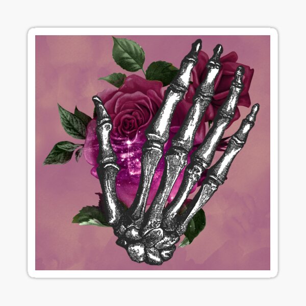 Item preview, Merry Death Gothic Halloween Skeleton Hand with Roses - Pink Background designed and sold by barronangMedia.