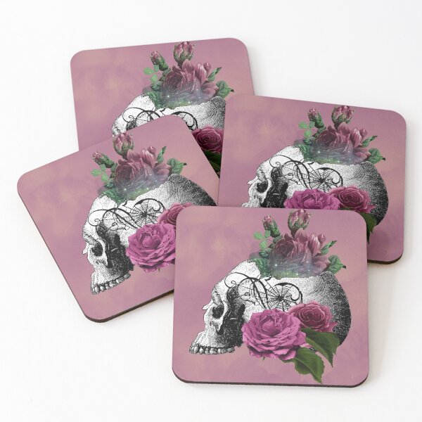 Item preview, Merry Death Gothic Halloween Skull with Roses - Pink Background 3 designed and sold by barronangMedia.